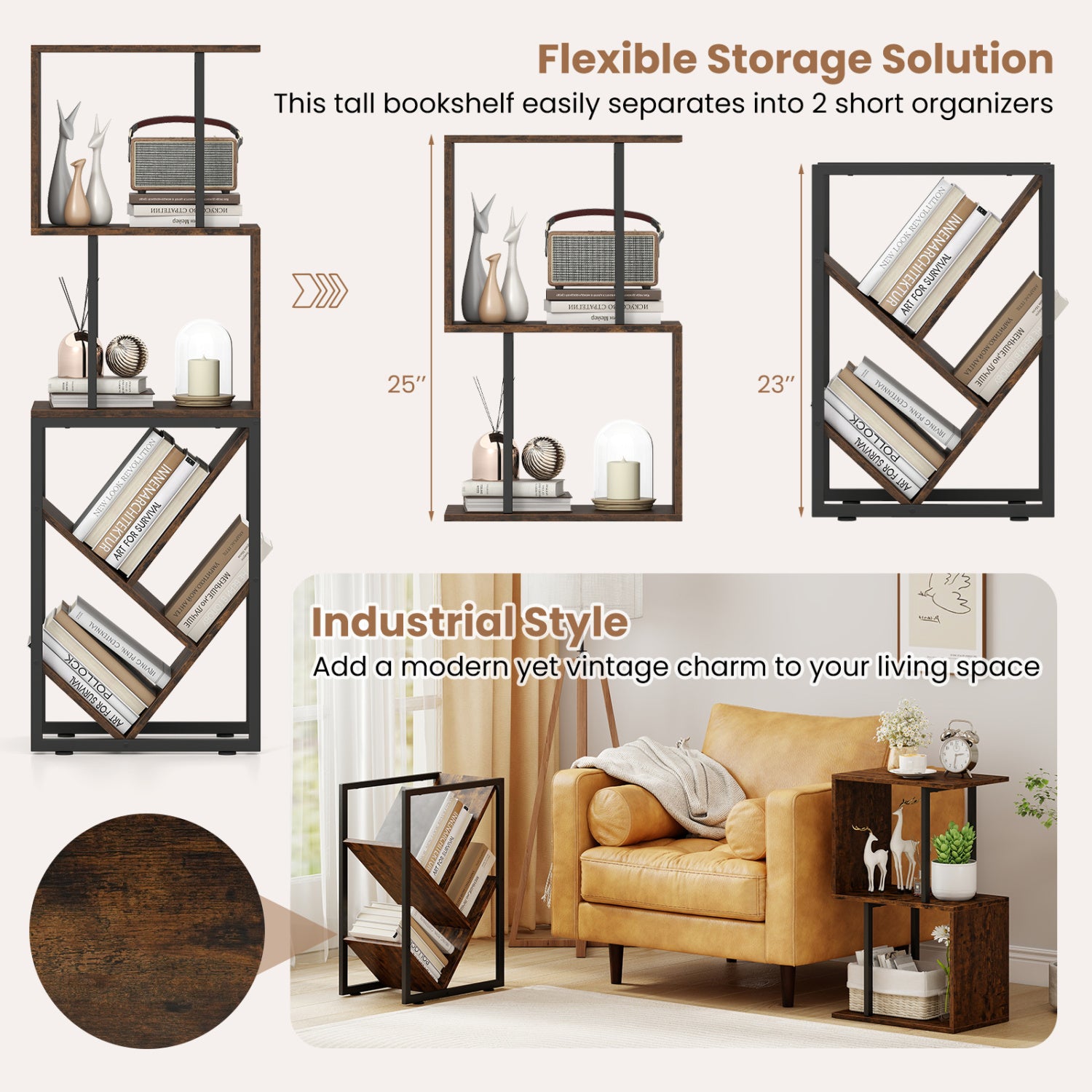 6-Tier Tree S-Shaped Geometric Bookcase, Brown Bookcases at Gallery Canada
