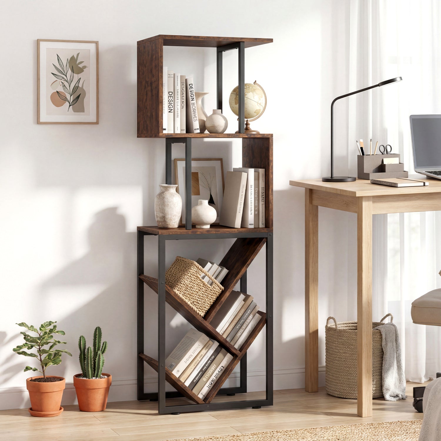 6-Tier Tree S-Shaped Geometric Bookcase, Brown Bookcases at Gallery Canada