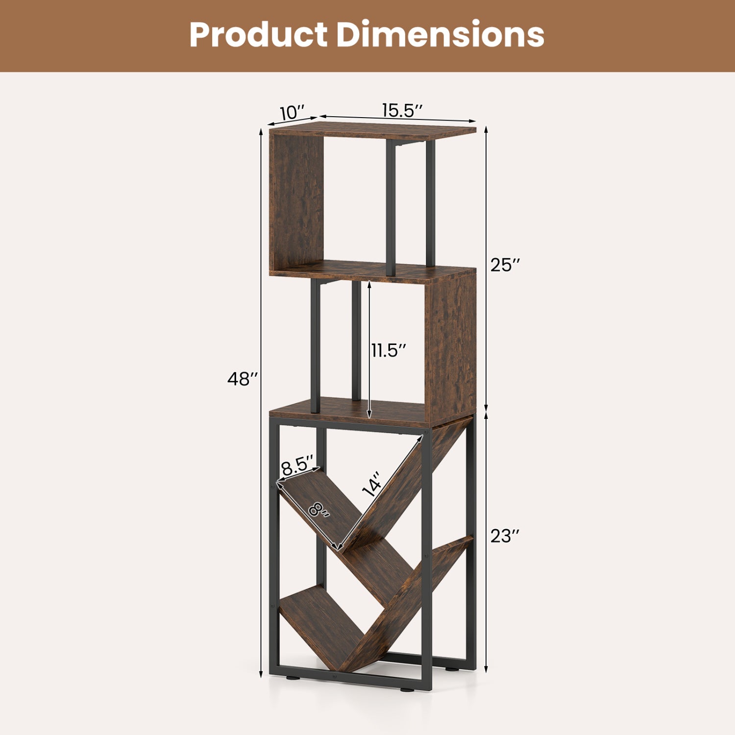 6-Tier Tree S-Shaped Geometric Bookcase, Brown Bookcases at Gallery Canada