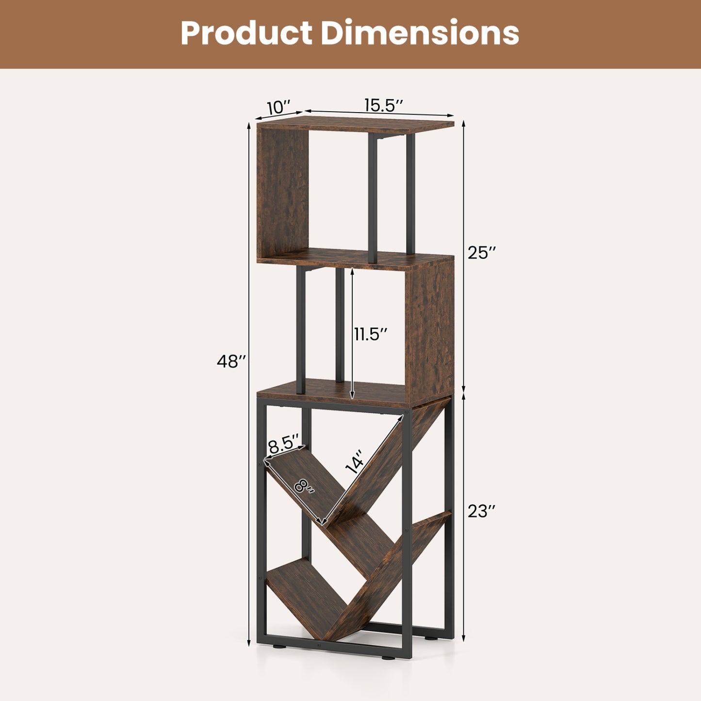 6-Tier Tree S-Shaped Geometric Bookcase, Brown Bookcases at Gallery Canada