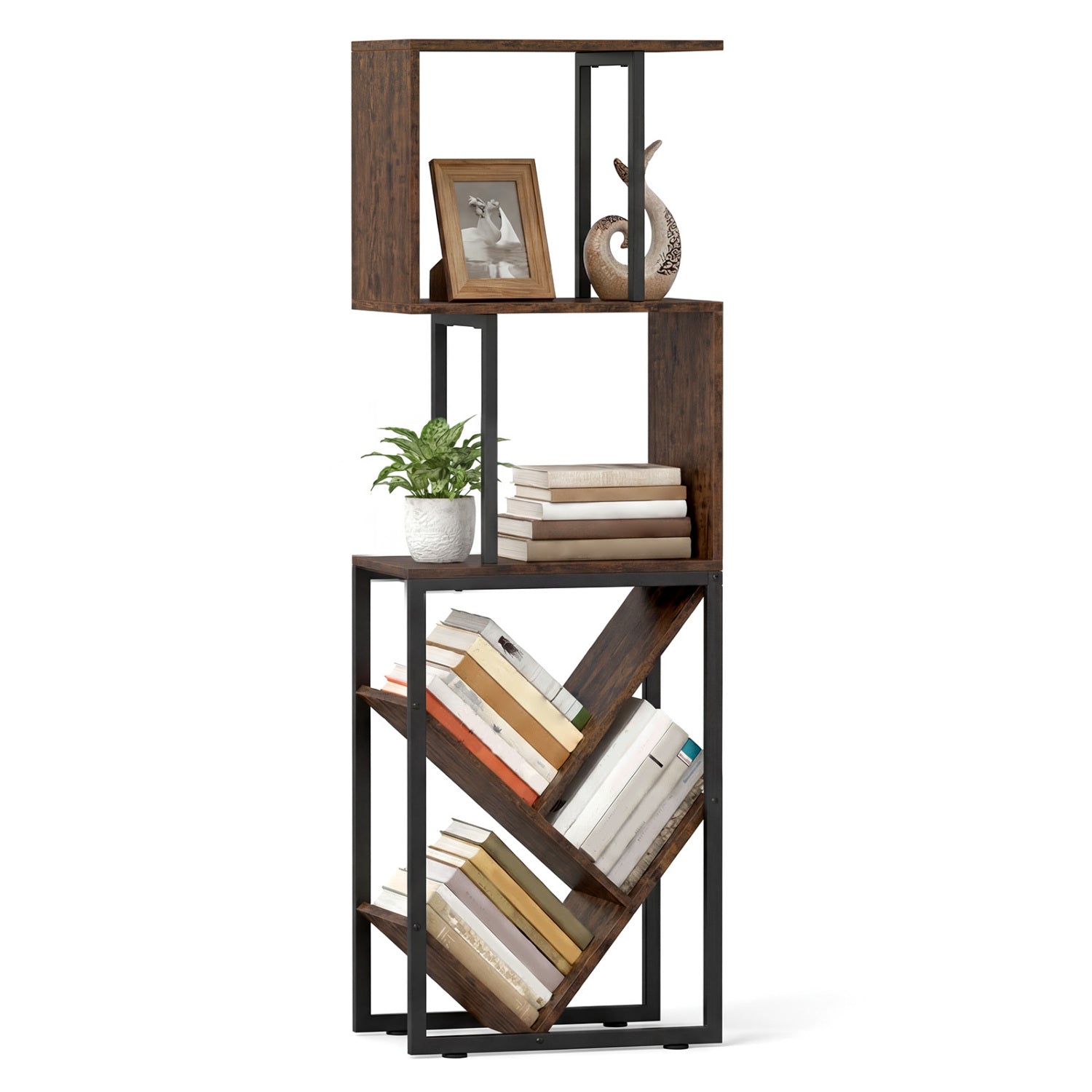 6-Tier Tree S-Shaped Geometric Bookcase, Brown Bookcases at Gallery Canada