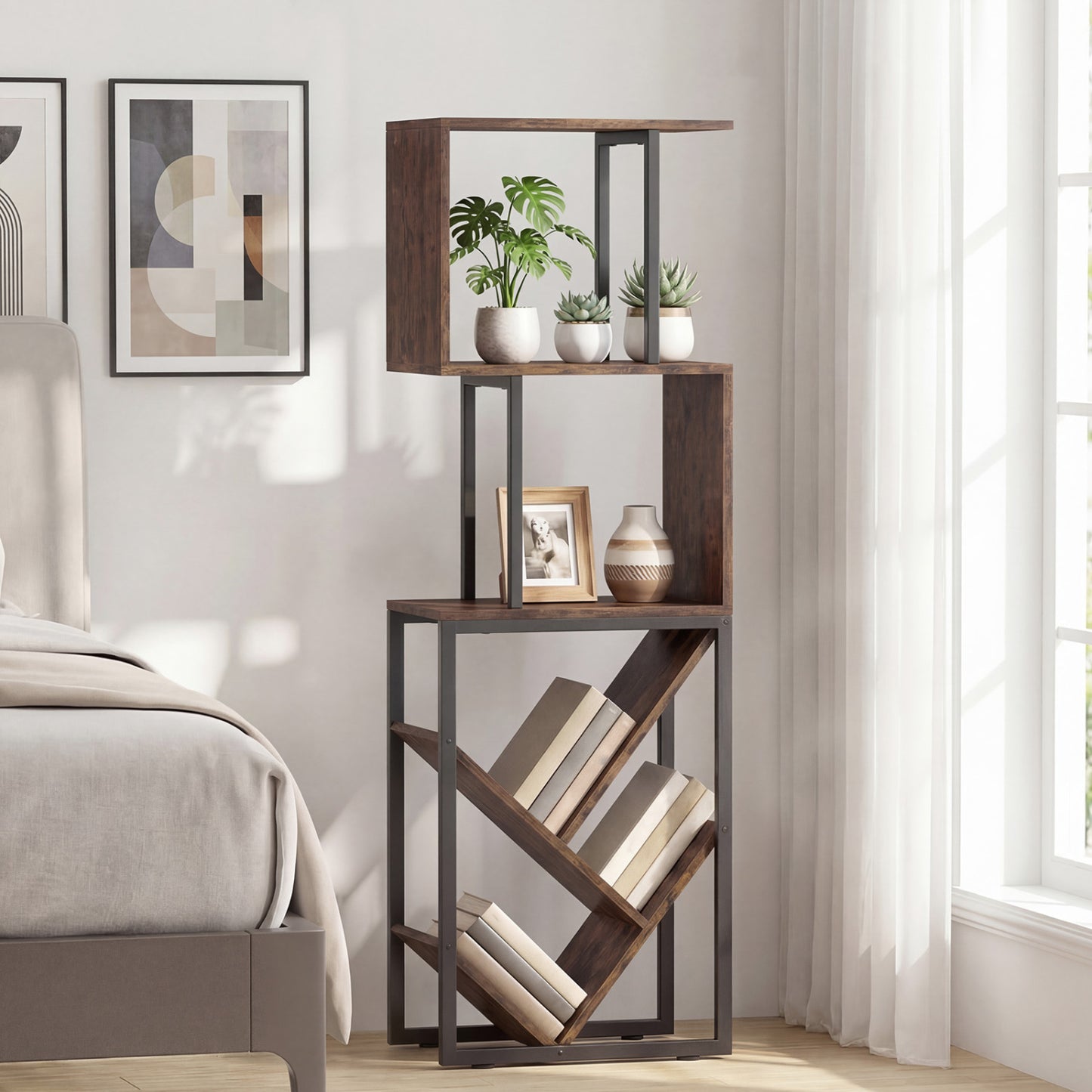 6-Tier Tree S-Shaped Geometric Bookcase, Brown Bookcases at Gallery Canada