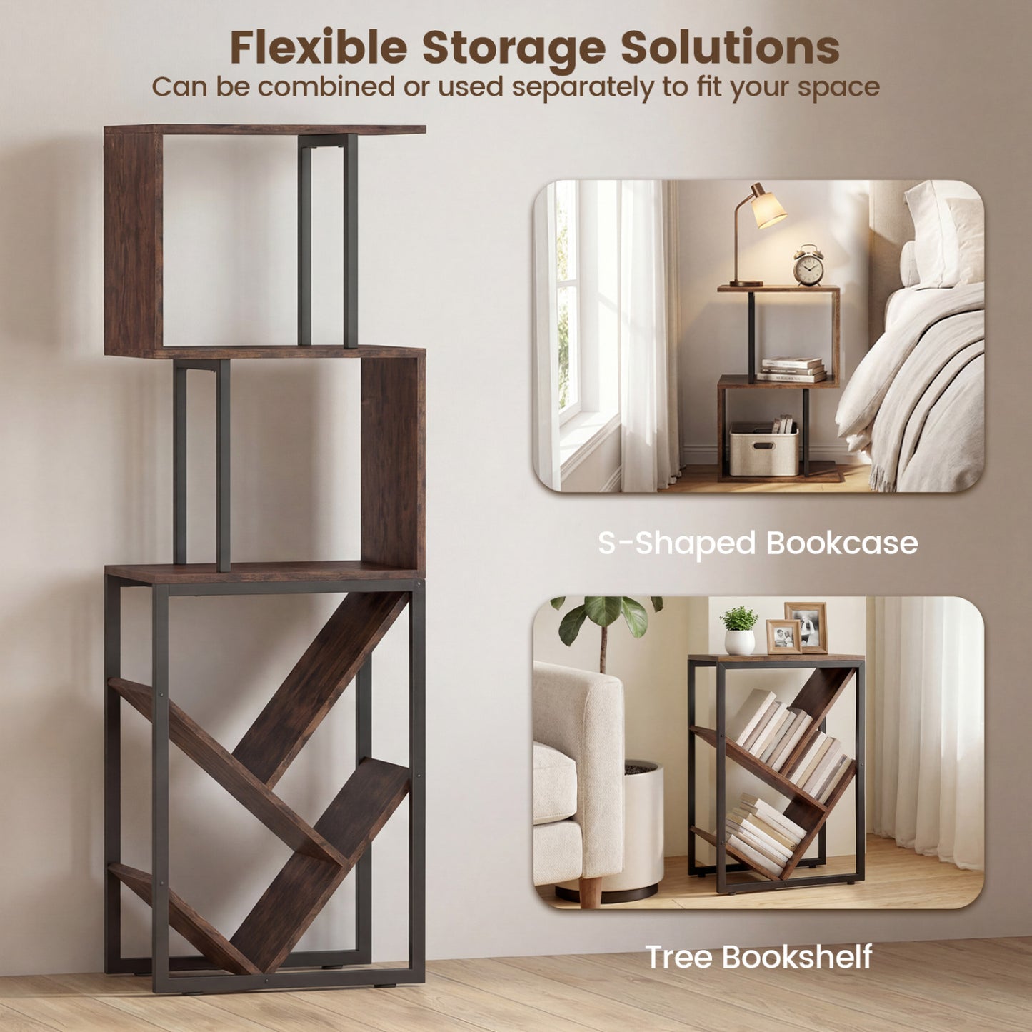 6-Tier Tree S-Shaped Geometric Bookcase, Brown Bookcases at Gallery Canada