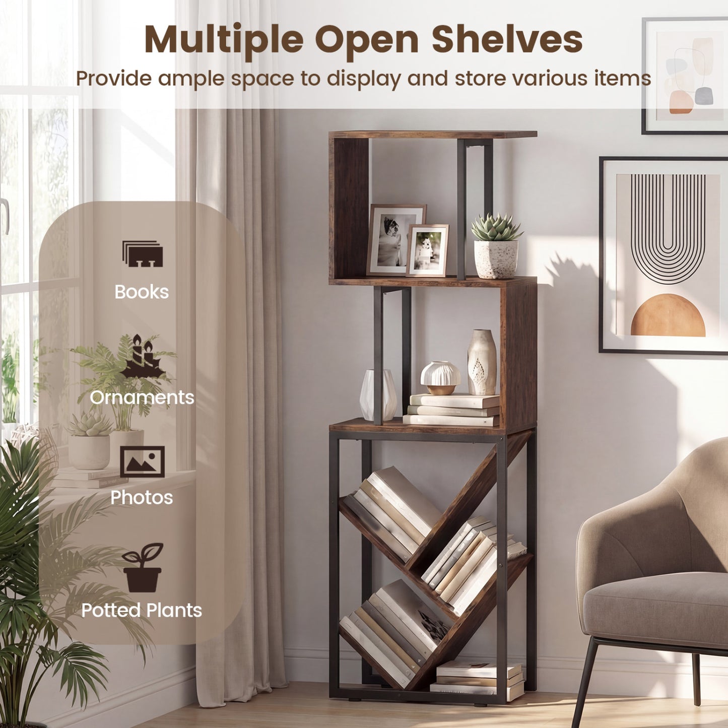 6-Tier Tree S-Shaped Geometric Bookcase, Brown Bookcases at Gallery Canada