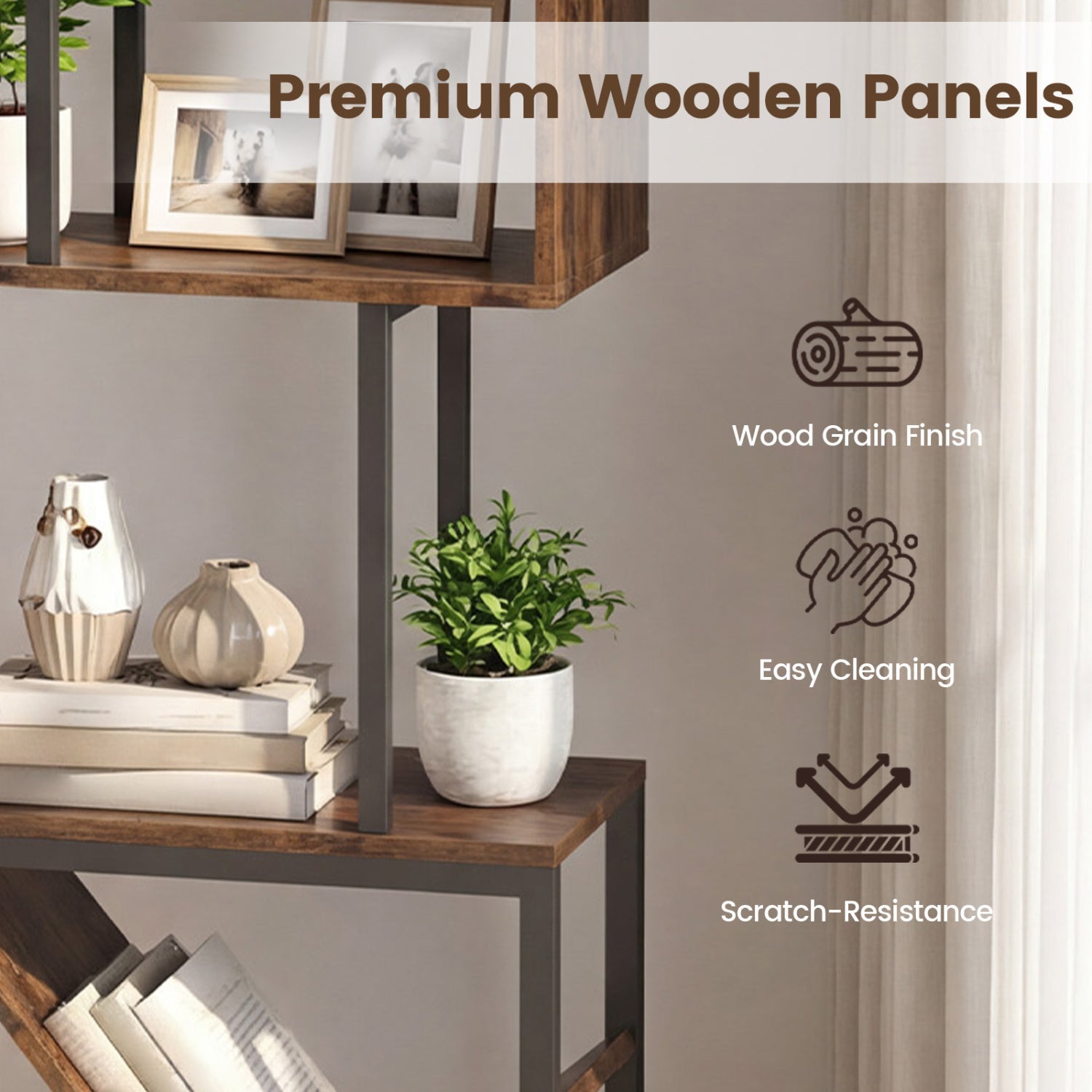 6-Tier Tree S-Shaped Geometric Bookcase, Brown Bookcases at Gallery Canada