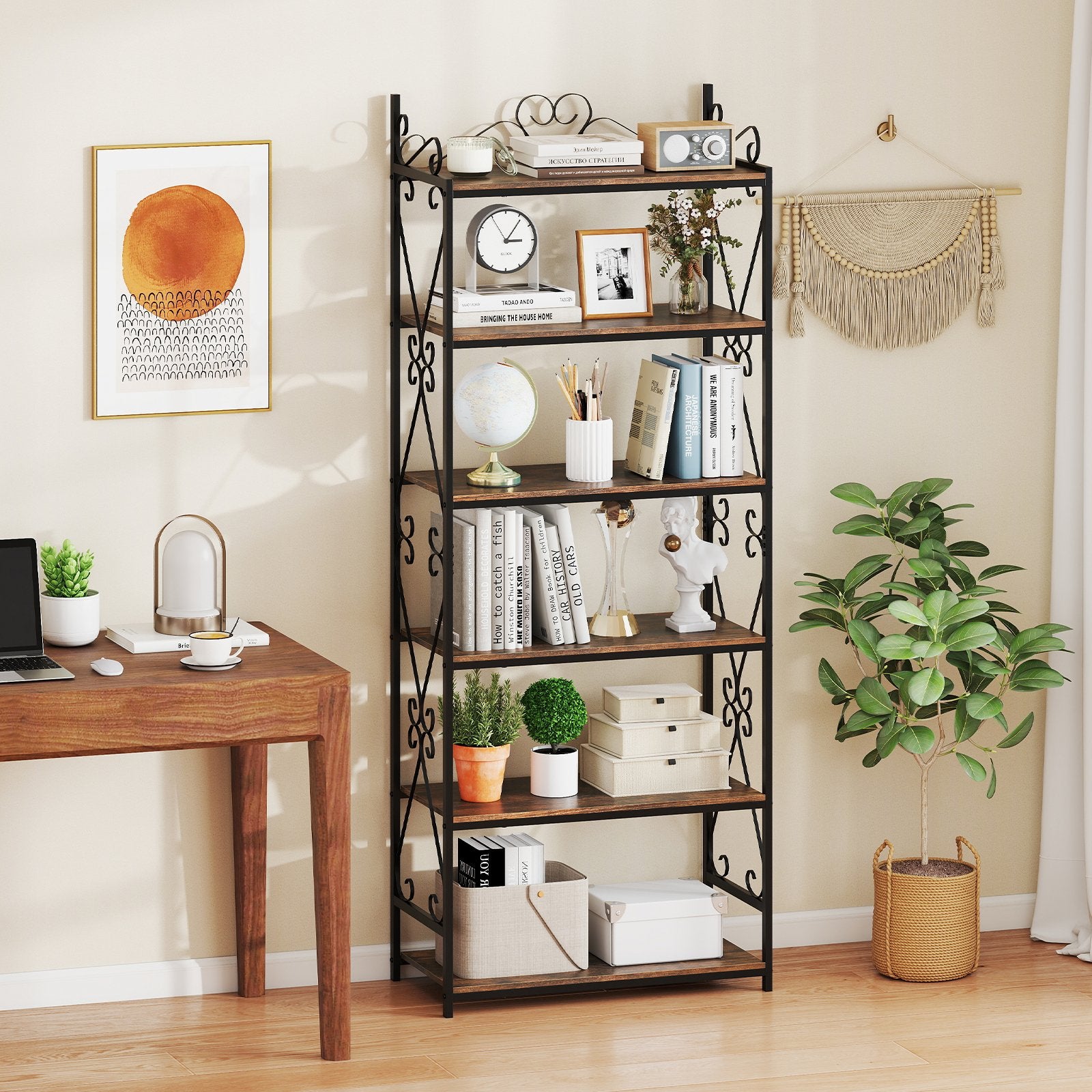 6-Tier Bookshelf Industrial Bookcase with 2 Anti-Tipping Kits and Metal Frame, Rustic Brown Bookcases at Gallery Canada