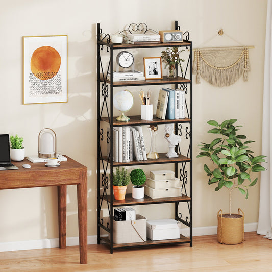 6-Tier Bookshelf Industrial Bookcase with 2 Anti-Tipping Kits and Metal Frame, Rustic Brown Bookcases Rustic Brown at Gallery Canada