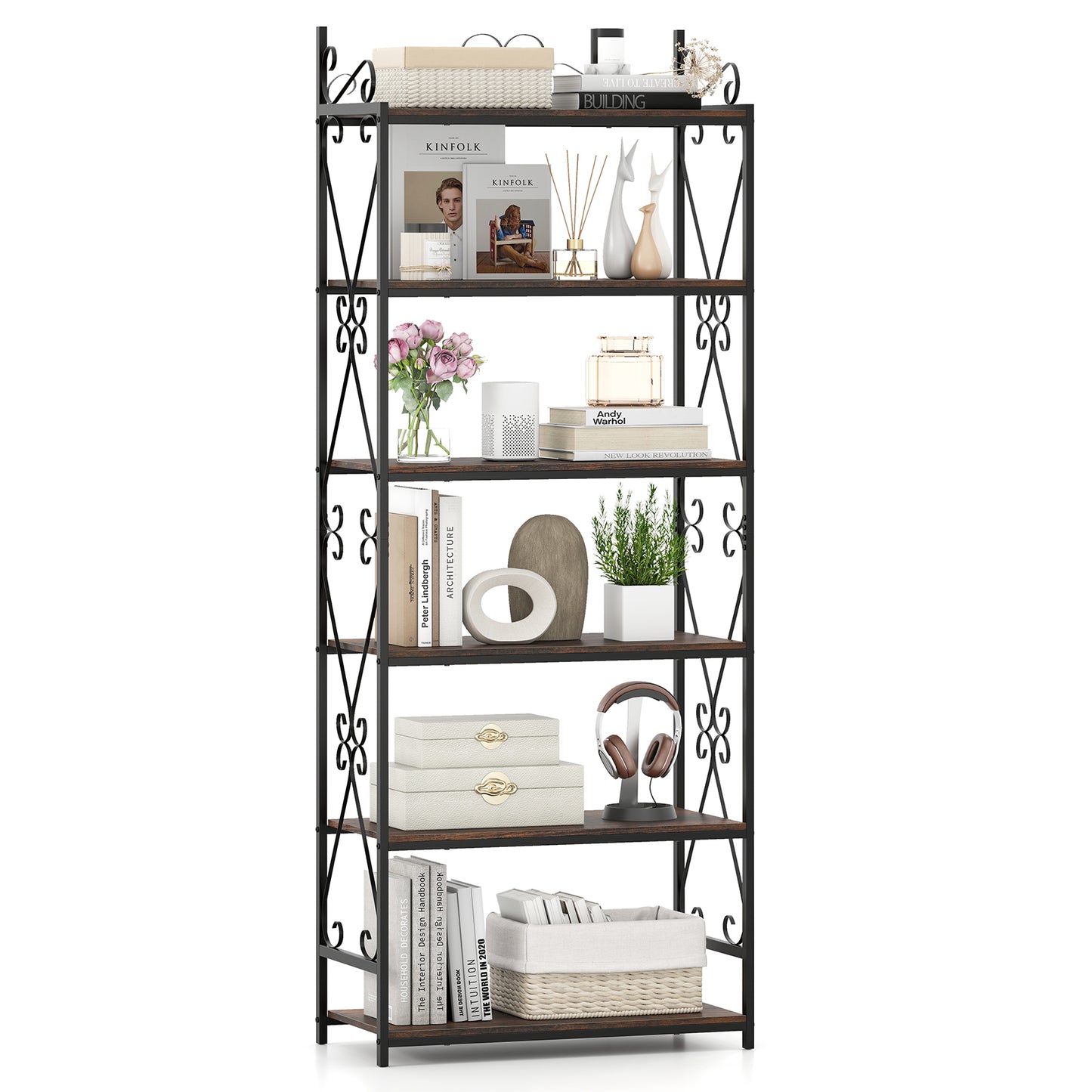 6-Tier Industrial Bookcase, Metal Frame, Rustic Brown Bookcases Rustic Brown at Gallery Canada