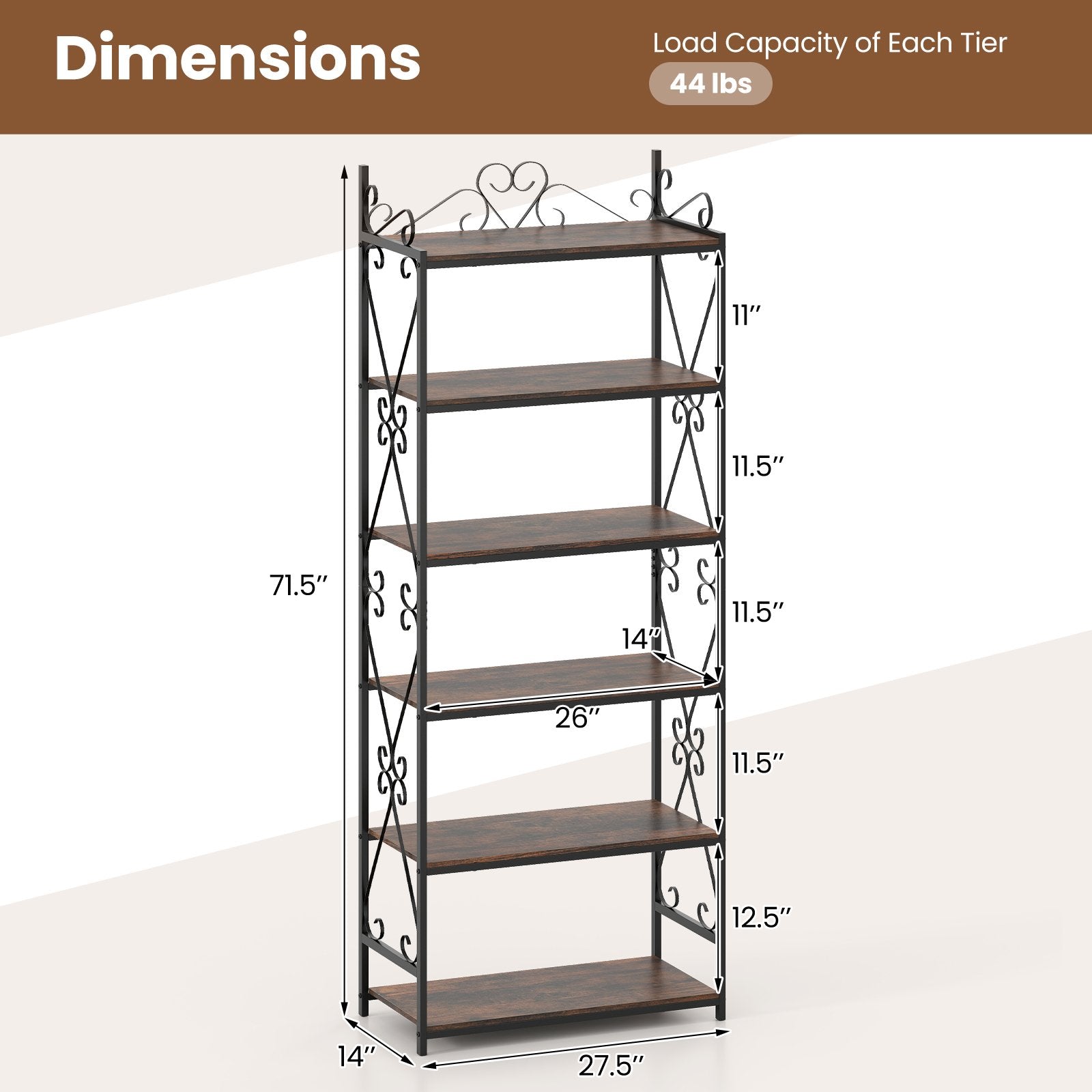 6-Tier Bookshelf Industrial Bookcase with 2 Anti-Tipping Kits and Metal Frame, Rustic Brown Bookcases at Gallery Canada