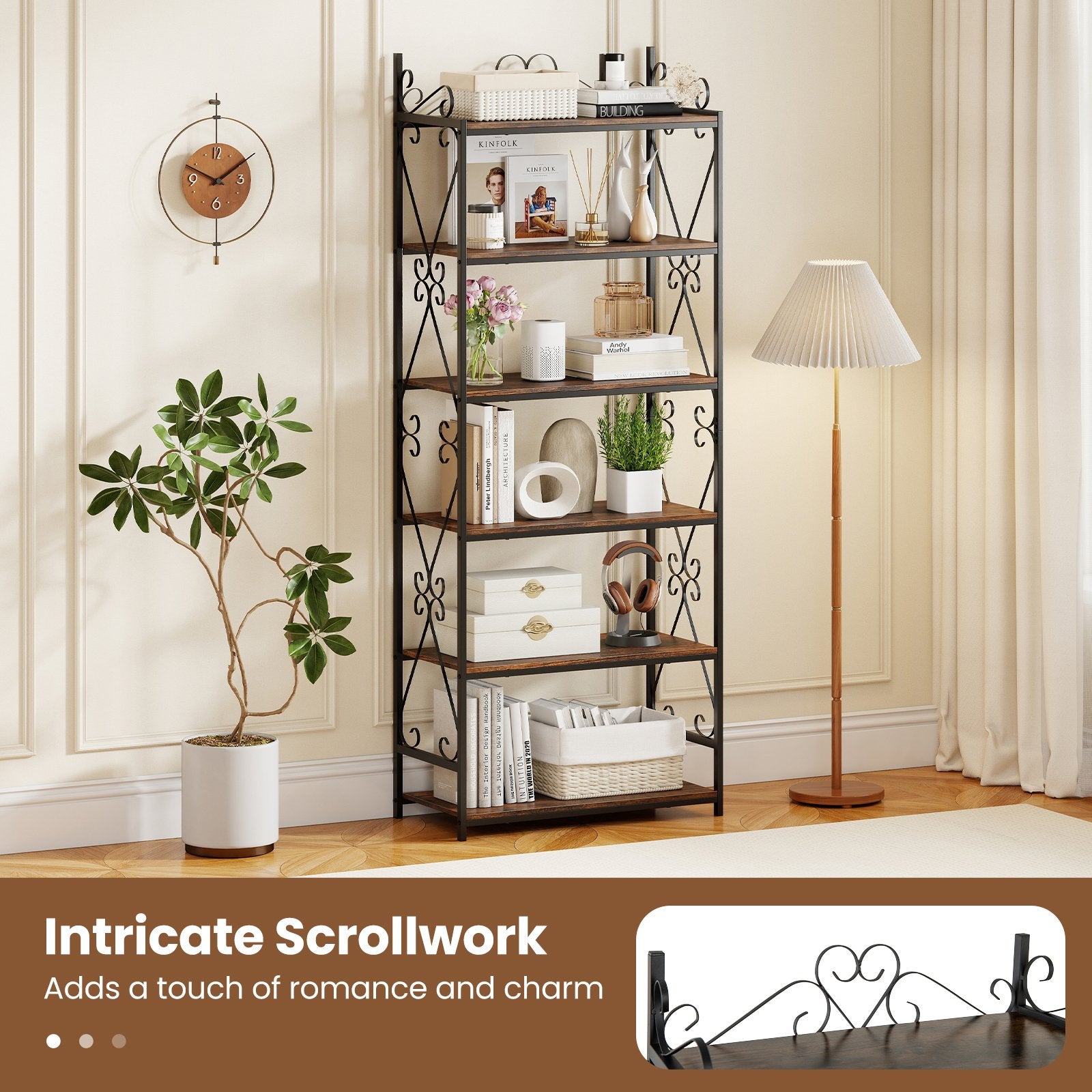 6-Tier Bookshelf Industrial Bookcase with 2 Anti-Tipping Kits and Metal Frame, Rustic Brown Bookcases at Gallery Canada