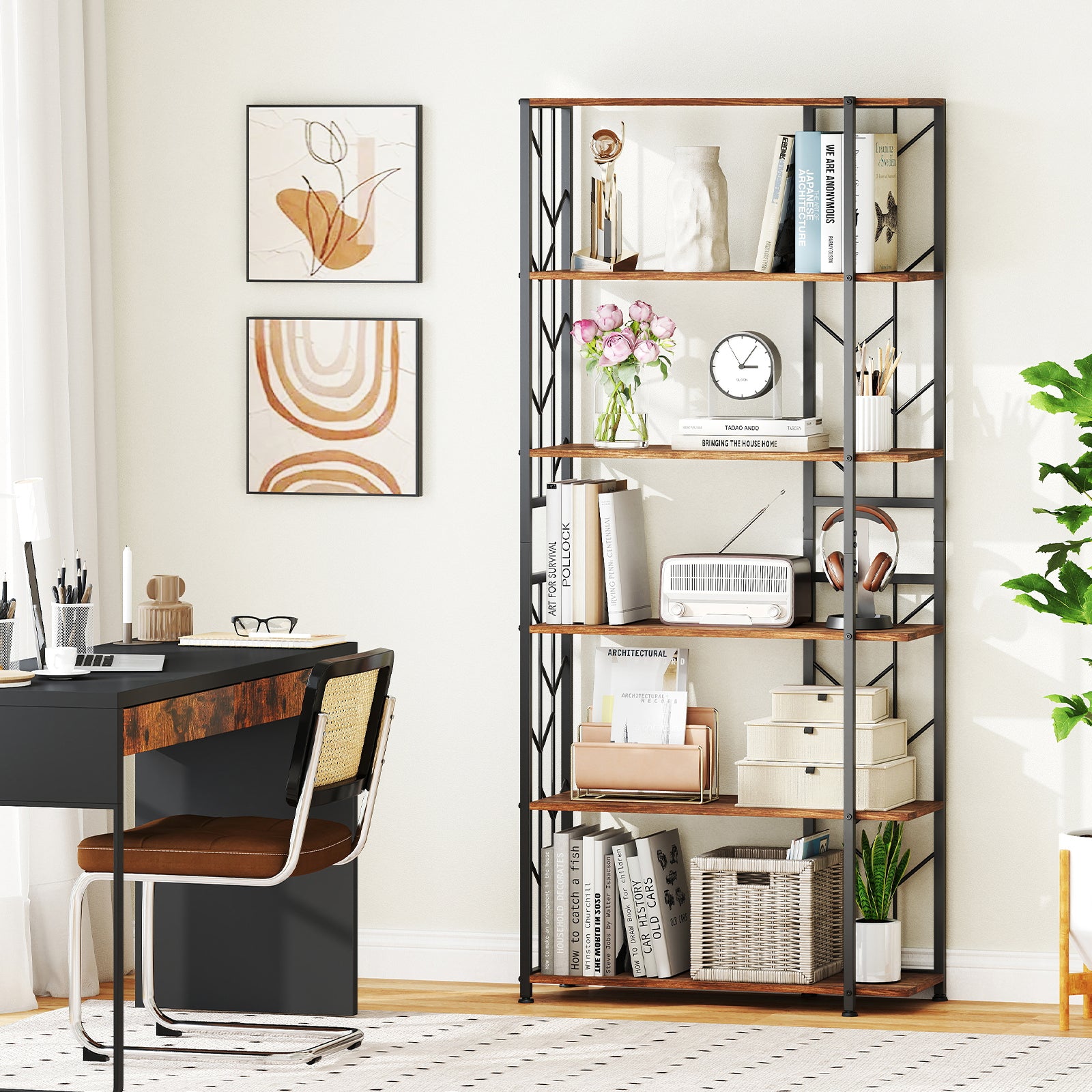 6-Tier Bookshelf Modern Geometric Bookcase with Heavy-duty Metal Frame and Anti-tipping Kits, Rustic Brown Bookcases at Gallery Canada