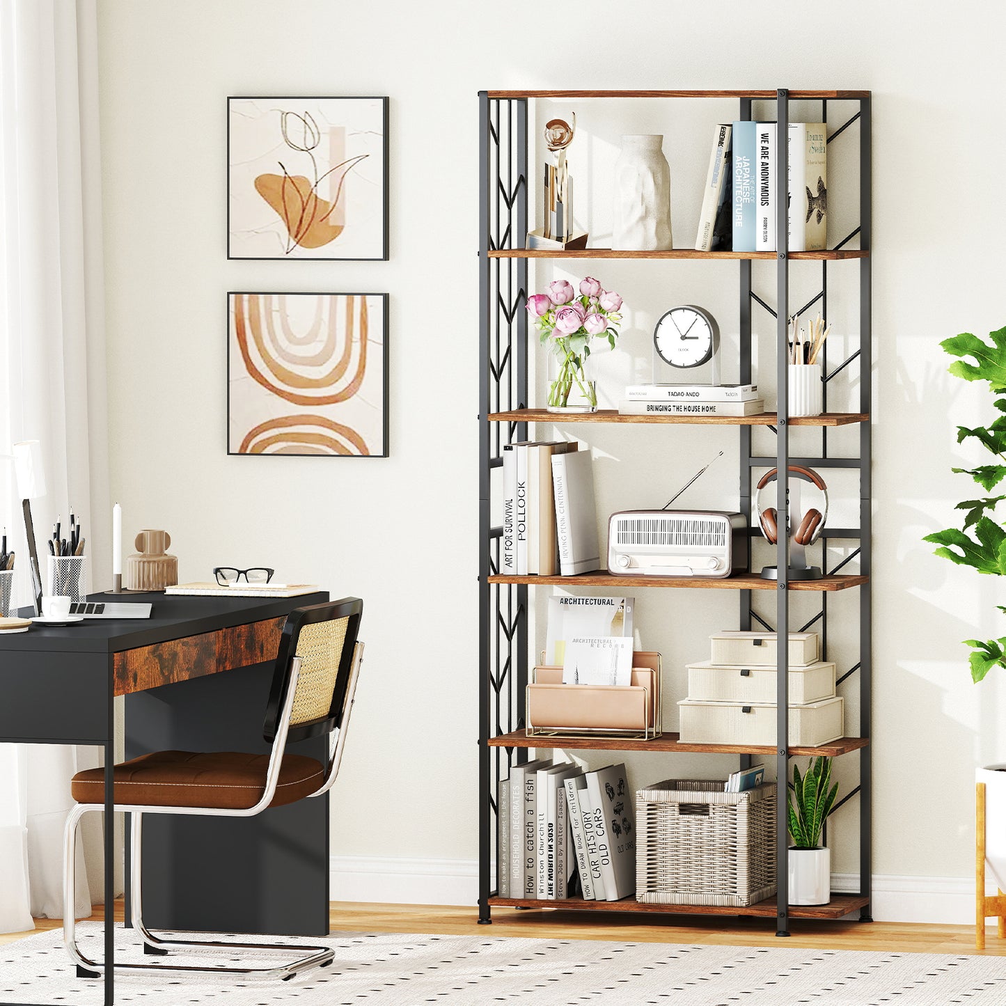 6-Tier Bookshelf Modern Geometric Bookcase with Heavy-duty Metal Frame and Anti-tipping Kits, Rustic Brown Bookcases at Gallery Canada