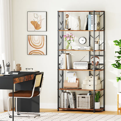 6-Tier Bookshelf Modern Geometric Bookcase with Heavy-duty Metal Frame and Anti-tipping Kits, Rustic Brown Bookcases at Gallery Canada