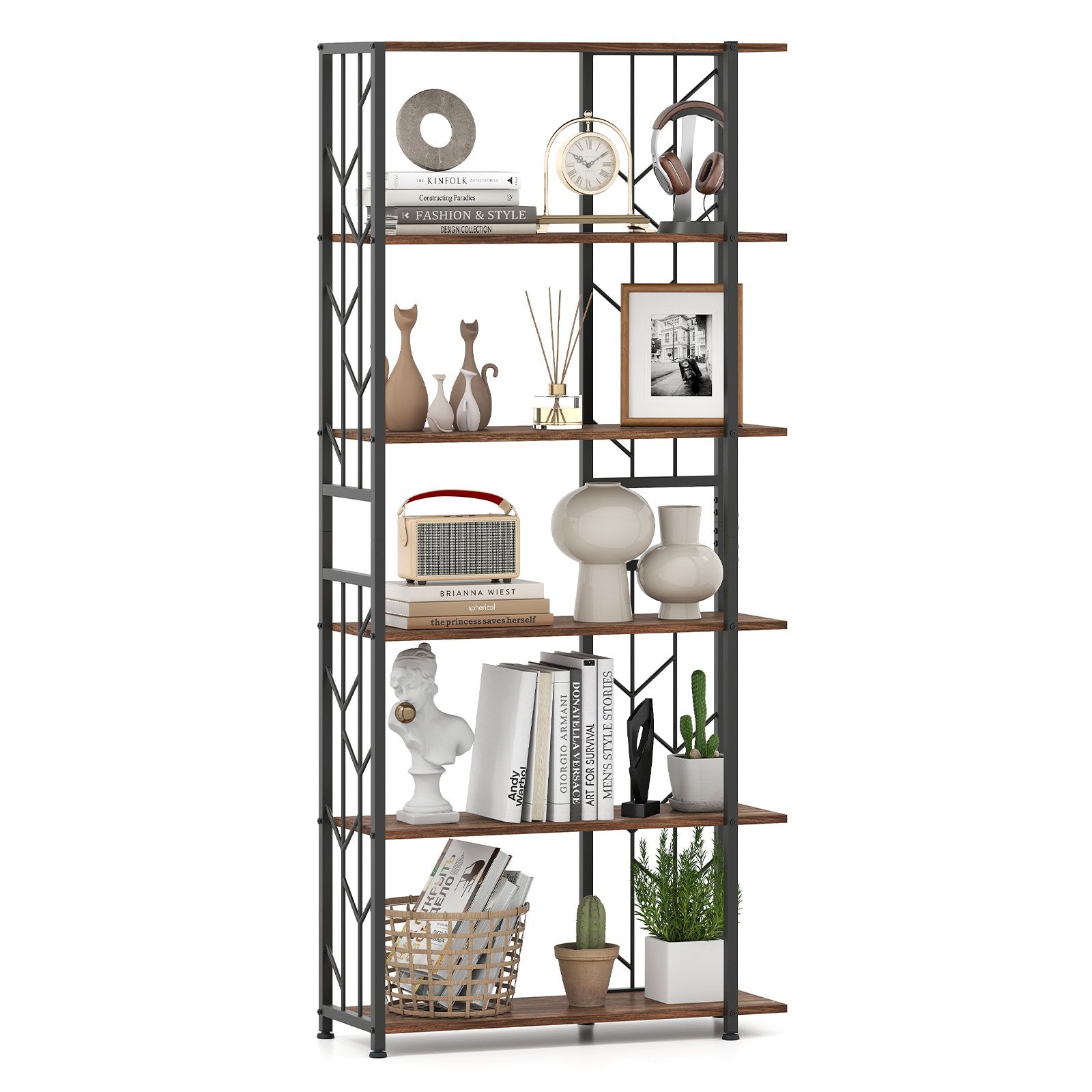 6-Tier Bookshelf Modern Geometric Bookcase with Heavy-duty Metal Frame and Anti-tipping Kits, Rustic Brown Bookcases Rustic Brown at Gallery Canada