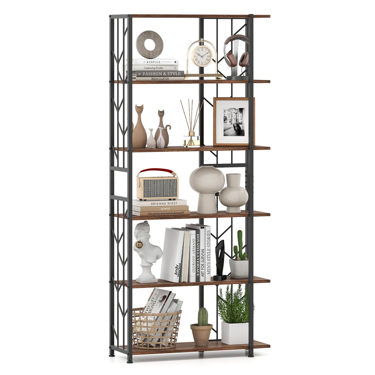 6-Tier Bookshelf Modern Geometric Bookcase with Heavy-duty Metal Frame and Anti-tipping Kits, Rustic Brown Bookcases at Gallery Canada