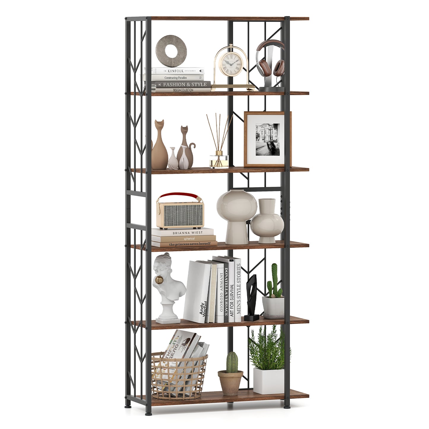 6-Tier Bookshelf, Geometric Bookcase, Heavy-Duty Metal Frame, Brown Bookcases at Gallery Canada