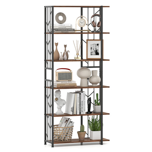 6-Tier Bookshelf, Geometric Bookcase, Heavy-Duty Metal Frame, Brown