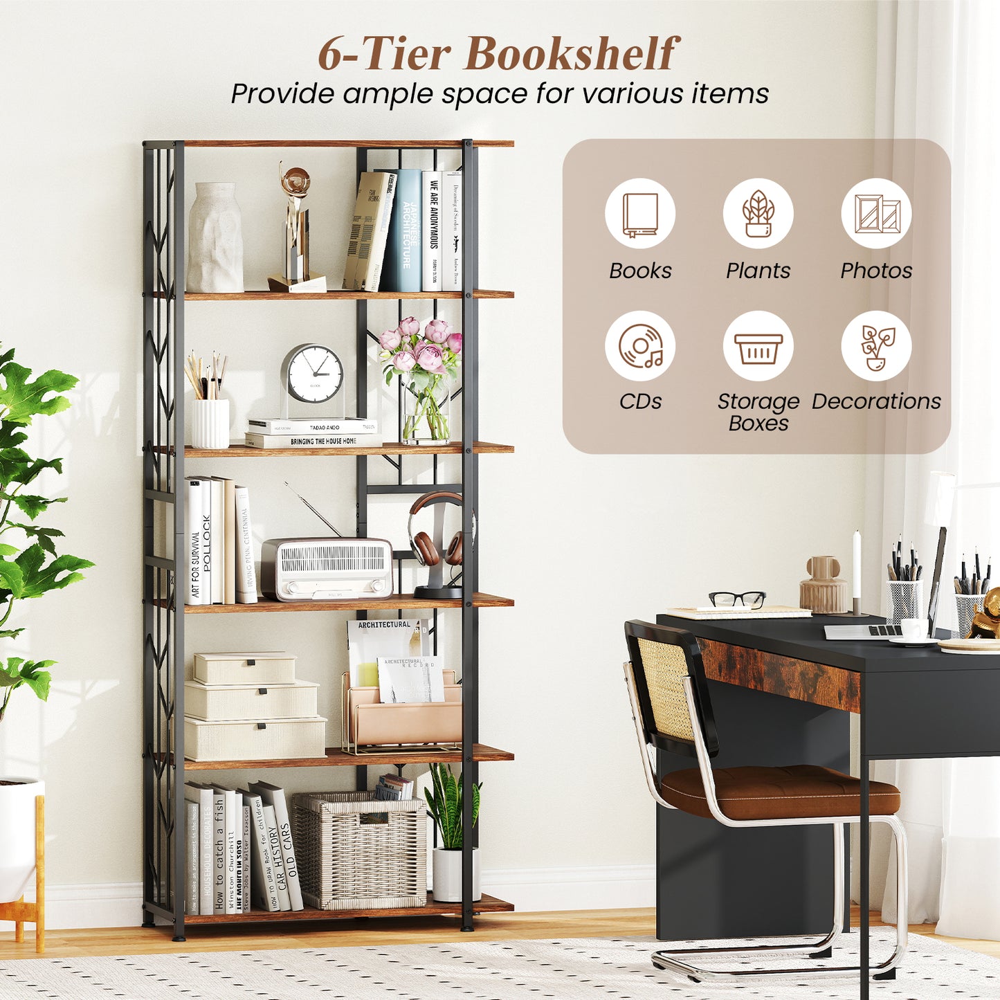 6-Tier Bookshelf Modern Geometric Bookcase with Heavy-duty Metal Frame and Anti-tipping Kits, Rustic Brown Bookcases at Gallery Canada
