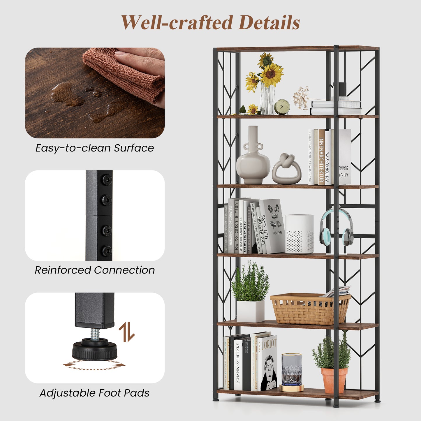 6-Tier Bookshelf Modern Geometric Bookcase with Heavy-duty Metal Frame and Anti-tipping Kits, Rustic Brown Bookcases at Gallery Canada