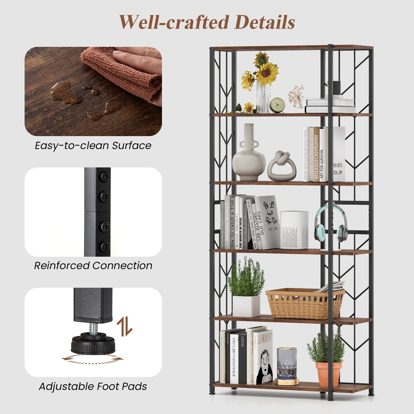 6-Tier Bookshelf Modern Geometric Bookcase with Heavy-duty Metal Frame and Anti-tipping Kits, Rustic Brown Bookcases at Gallery Canada