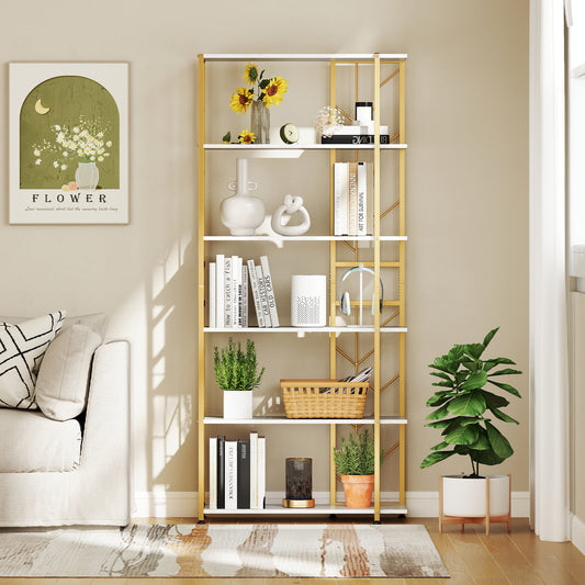 6-Tier Bookshelf Modern Geometric Bookcase with Heavy-duty Metal Frame and Anti-tipping Kits, White Bookcases White at Gallery Canada