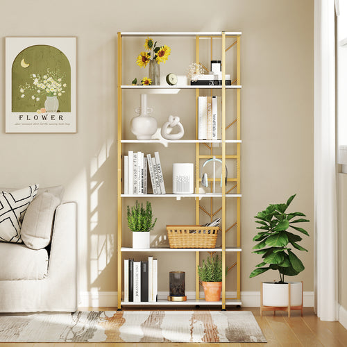 6-Tier Bookshelf Modern Geometric Bookcase with Heavy-duty Metal Frame and Anti-tipping Kits, White