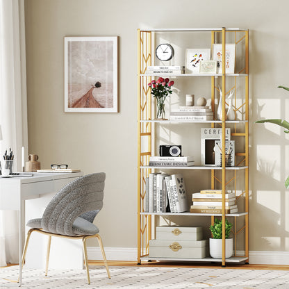 6-Tier Bookshelf Modern Geometric Bookcase with Heavy-duty Metal Frame and Anti-tipping Kits, White Bookcases at Gallery Canada