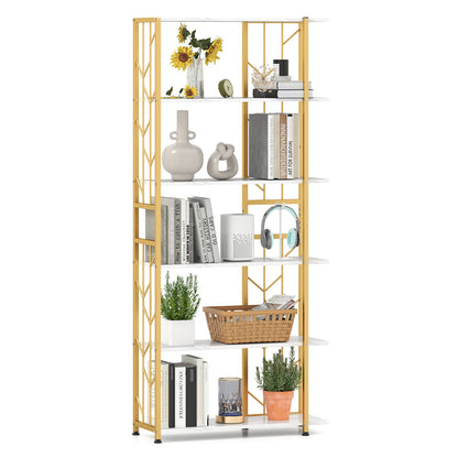 6-Tier Bookshelf Modern Geometric Bookcase with Heavy-duty Metal Frame and Anti-tipping Kits, White Bookcases White at Gallery Canada