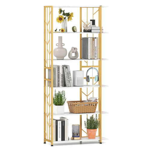 6-Tier Bookshelf, Modern Geometric Bookcase, Heavy-Duty Metal Frame, White
