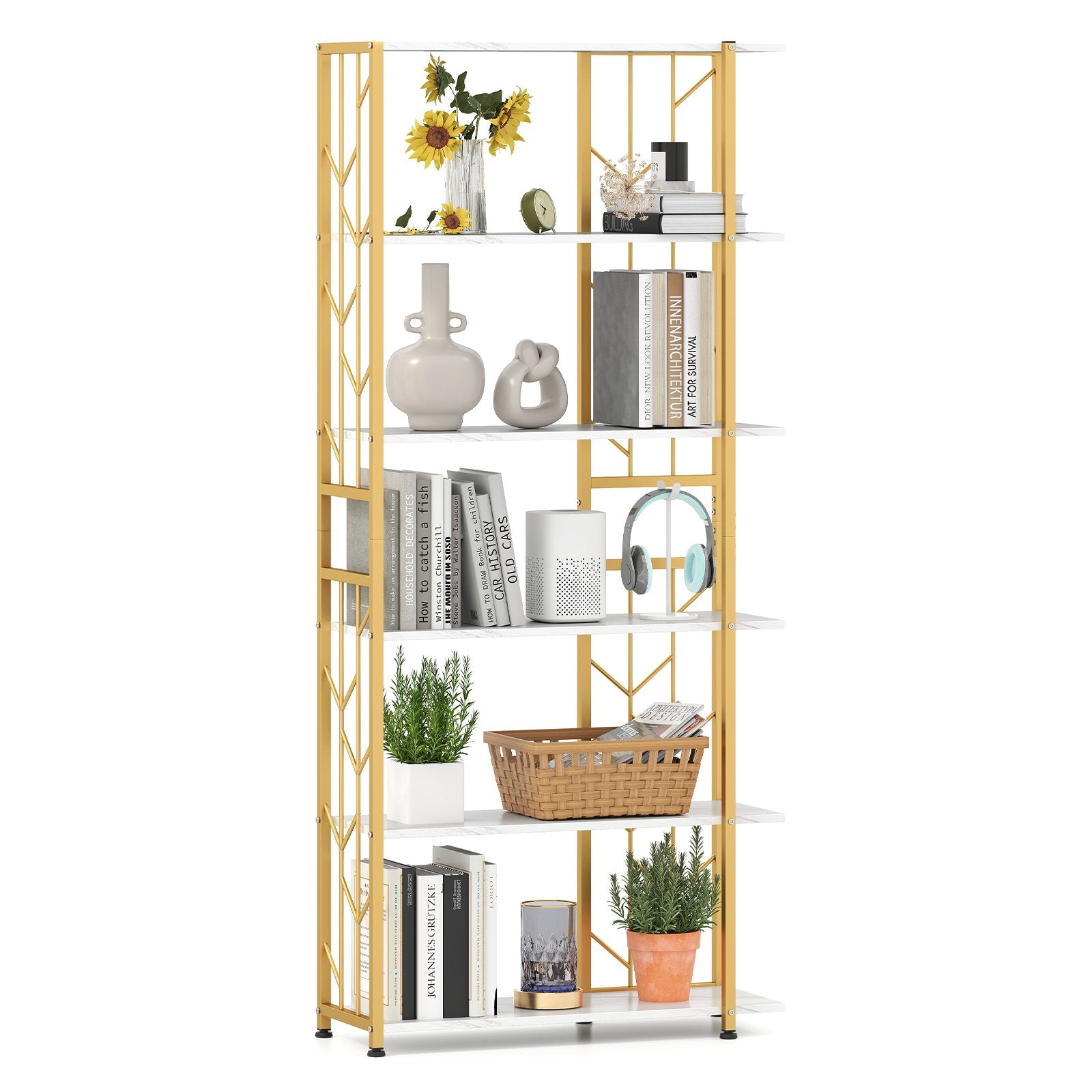 6-Tier Bookshelf Modern Geometric Bookcase with Heavy-duty Metal Frame and Anti-tipping Kits, White Bookcases at Gallery Canada
