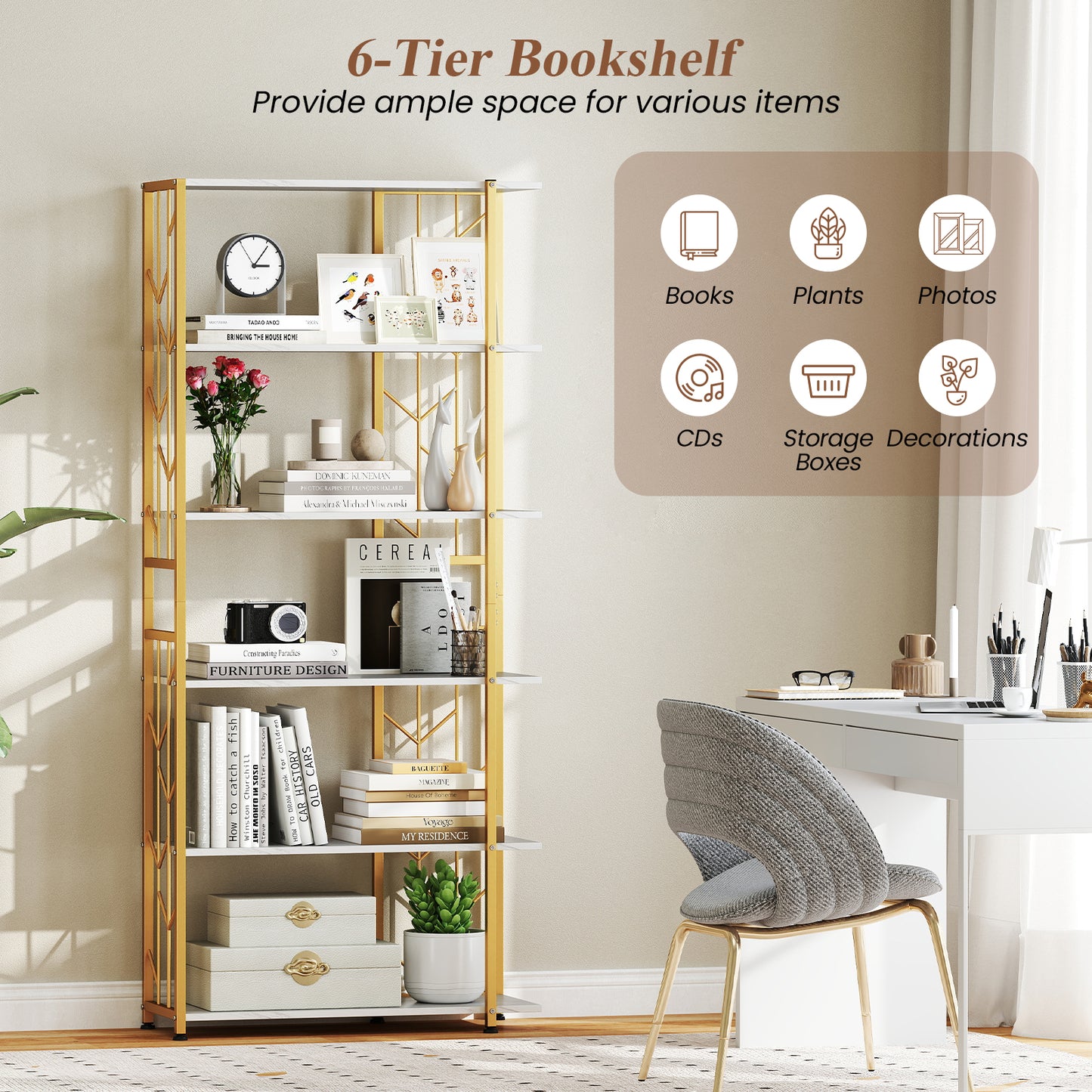 6-Tier Bookshelf Modern Geometric Bookcase with Heavy-duty Metal Frame and Anti-tipping Kits, White Bookcases at Gallery Canada