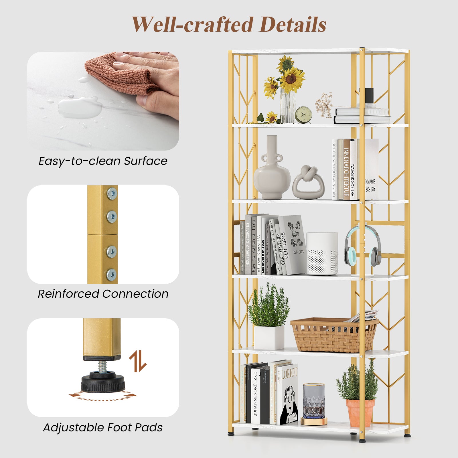 6-Tier Bookshelf Modern Geometric Bookcase with Heavy-duty Metal Frame and Anti-tipping Kits, White Bookcases at Gallery Canada