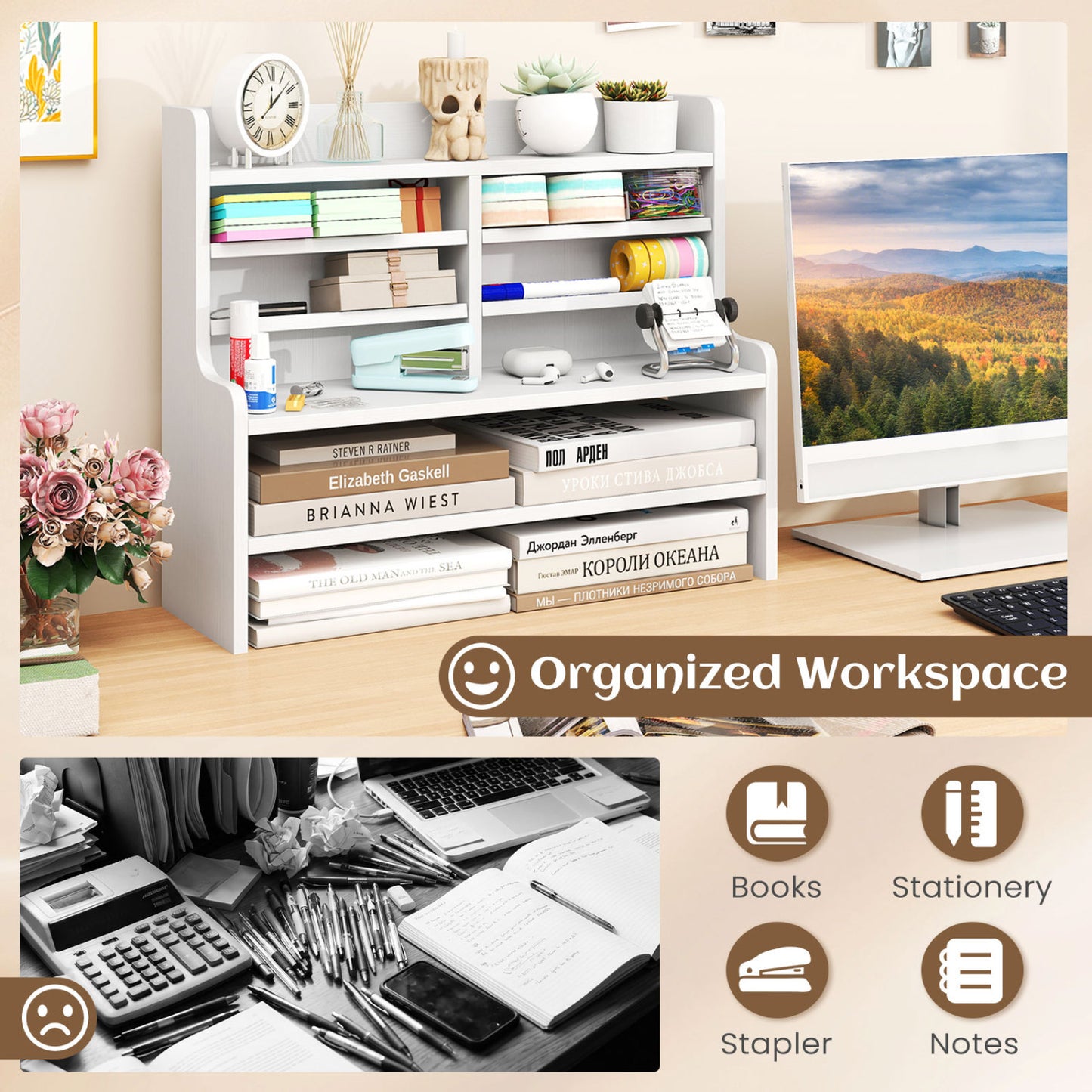 6-Tier Compact Storage Rack with 4 Removable Shelves for Small Spaces Home Office, White
