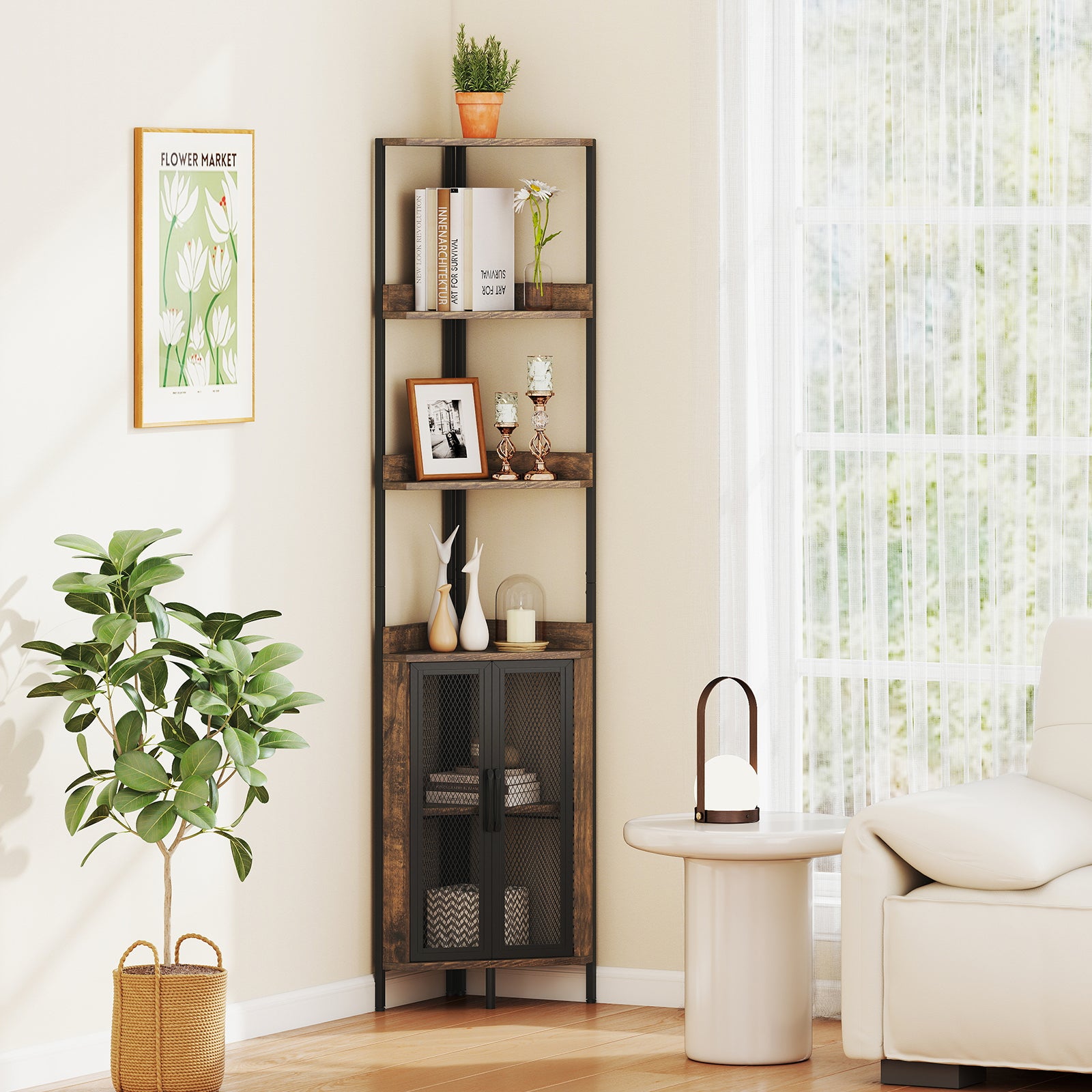 6-Tier Corner Shelf 67 Inches, Industrial Bookcase With Cabinet, Brown Bookcases at Gallery Canada
