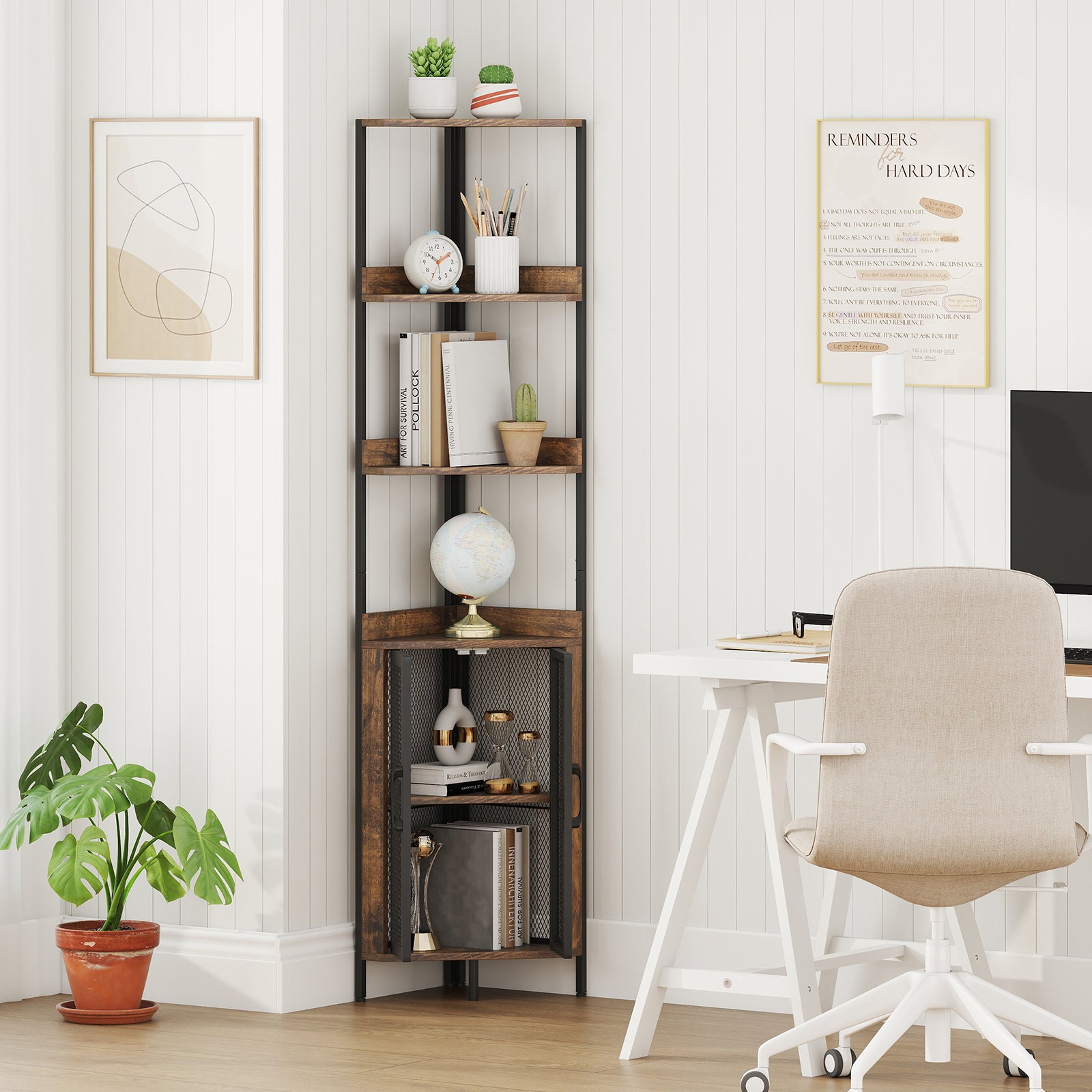 6-Tier Corner Shelf 67 Inches, Industrial Bookcase With Cabinet, Brown Bookcases at Gallery Canada