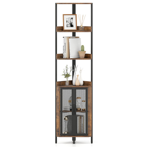 6-Tier Corner Shelf 67 Inches, Industrial Bookcase With Cabinet, Brown
