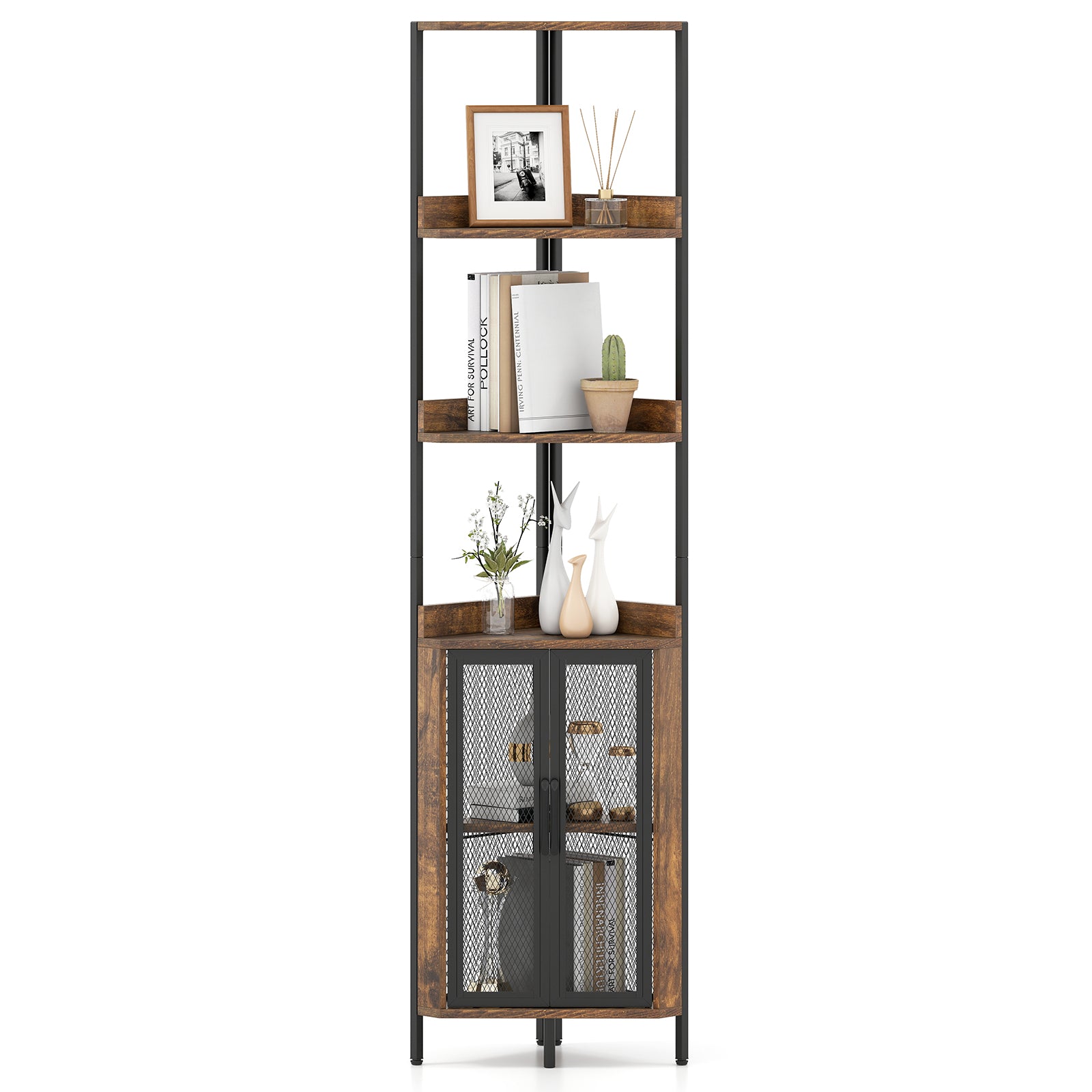 6-Tier Corner Shelf 67 Inches, Industrial Bookcase With Cabinet, Brown Bookcases at Gallery Canada