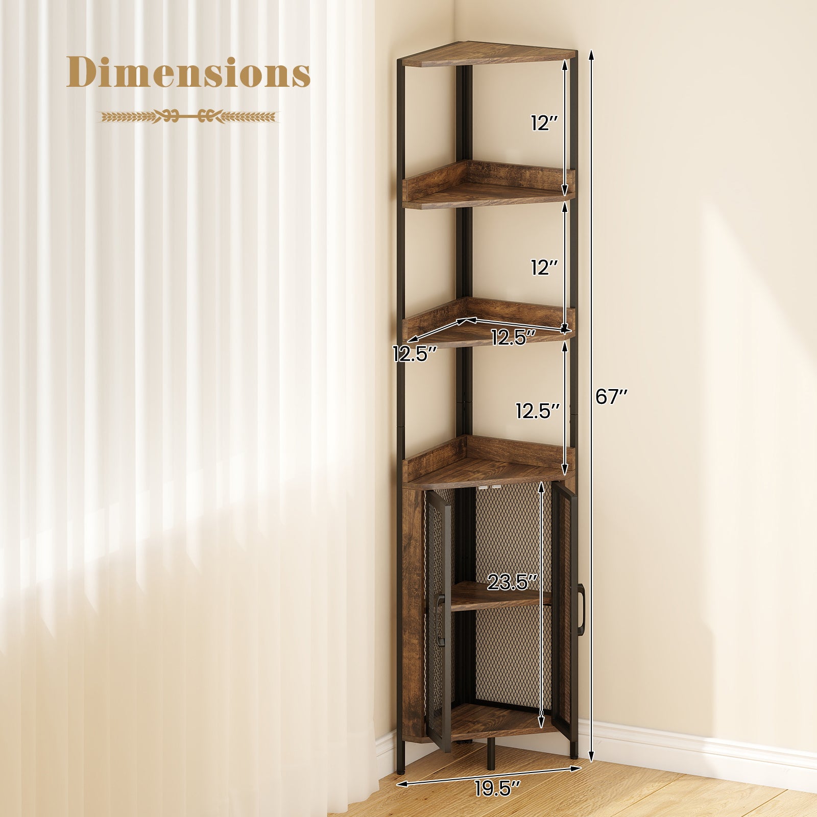 6-Tier Corner Shelf 67 Inches, Industrial Bookcase With Cabinet, Brown Bookcases at Gallery Canada