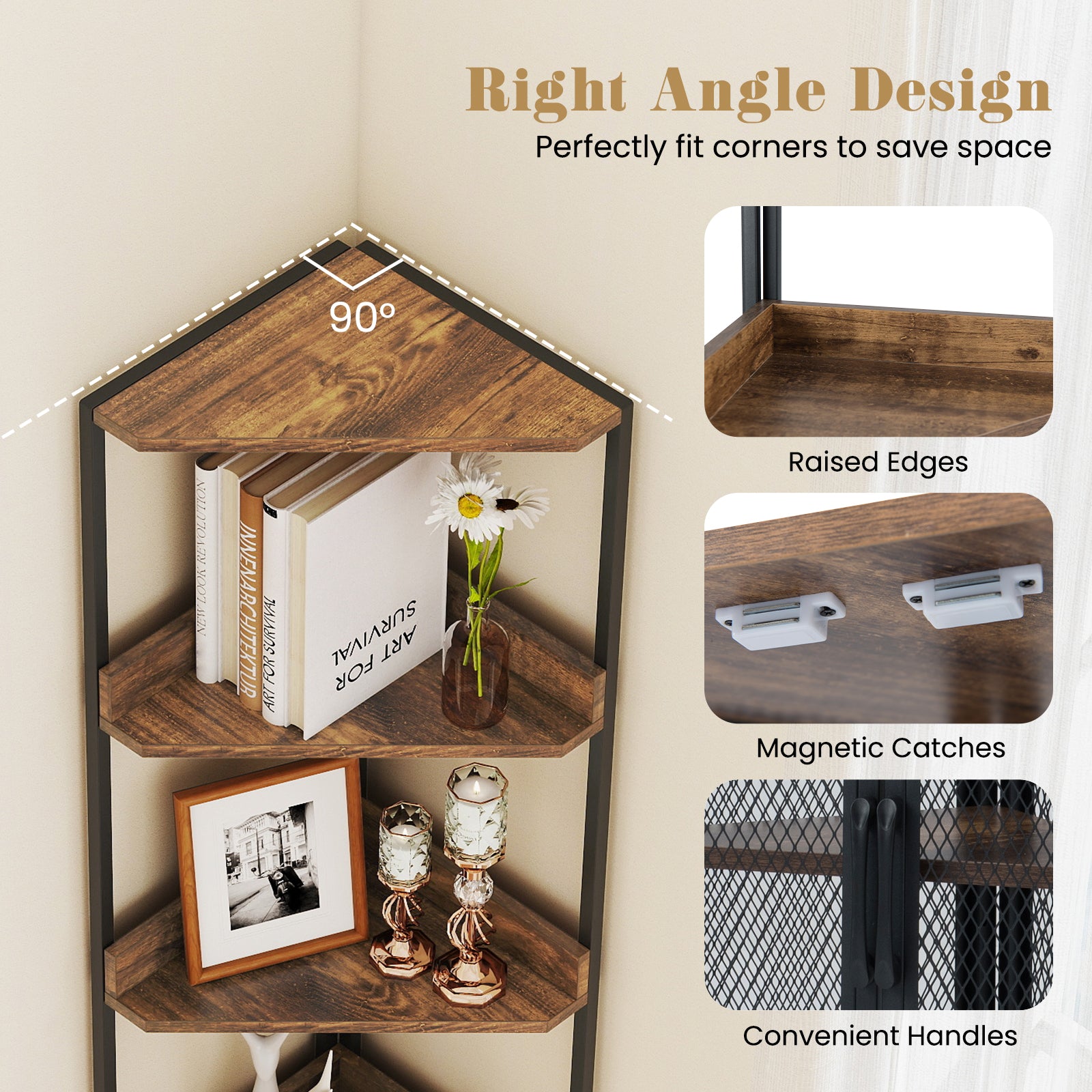 6-Tier Corner Shelf 67 Inches, Industrial Bookcase With Cabinet, Brown Bookcases at Gallery Canada