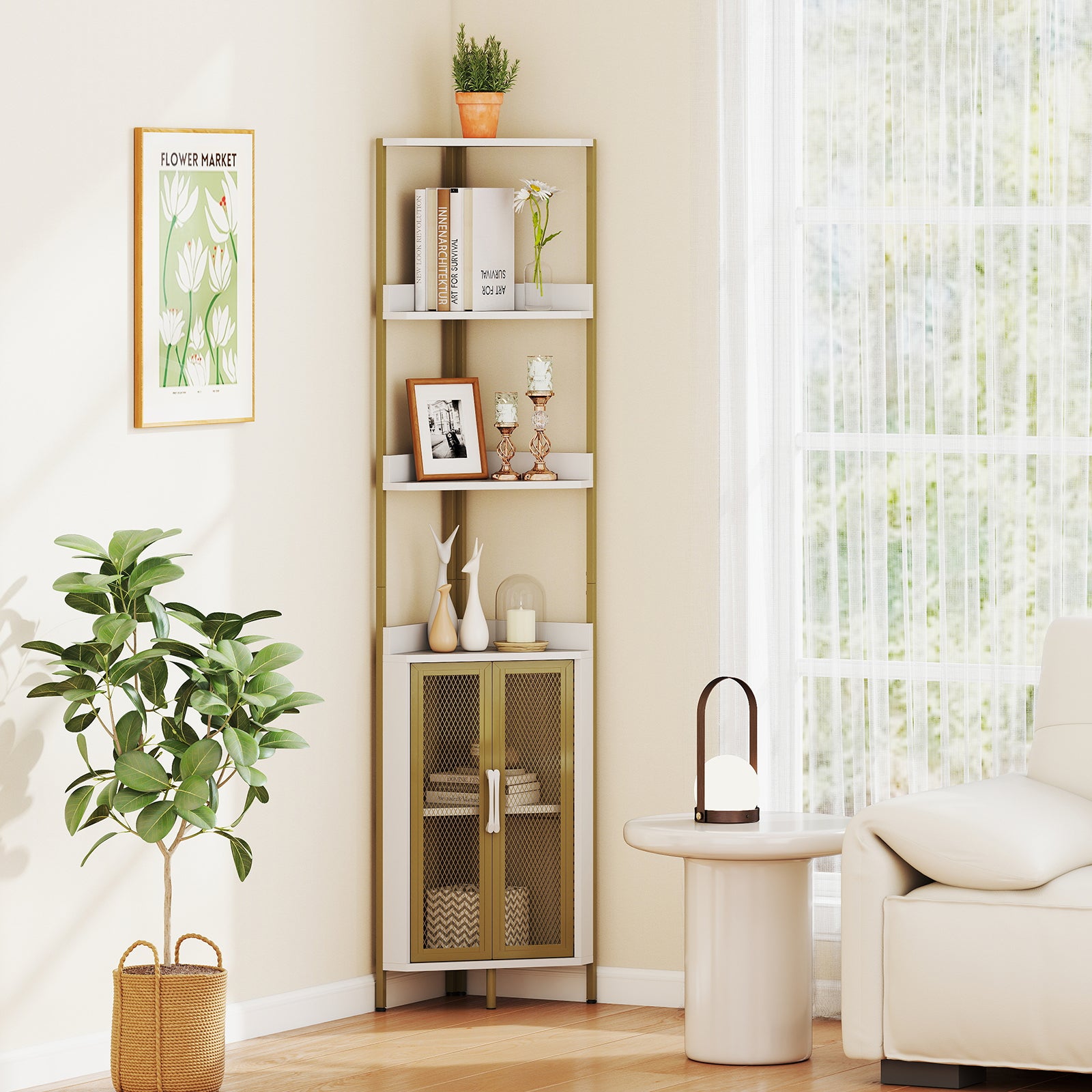 6-Tier Corner Shelf 67 Inches Tall, Industrial Bookcase Cabinet, White Bookcases at Gallery Canada