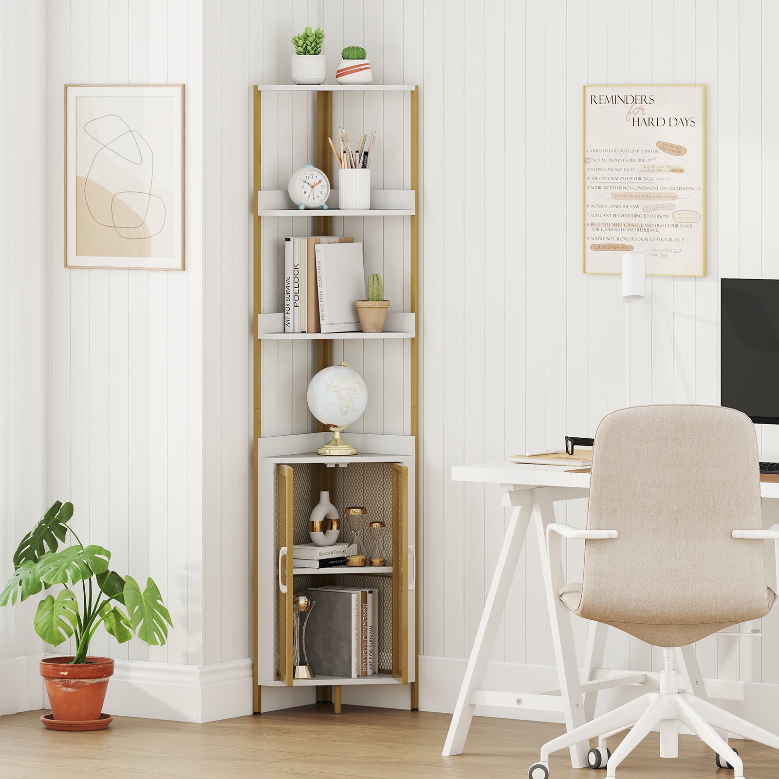 6-Tier Corner Shelf 67 Inches Tall, Industrial Bookcase Cabinet, White Bookcases at Gallery Canada