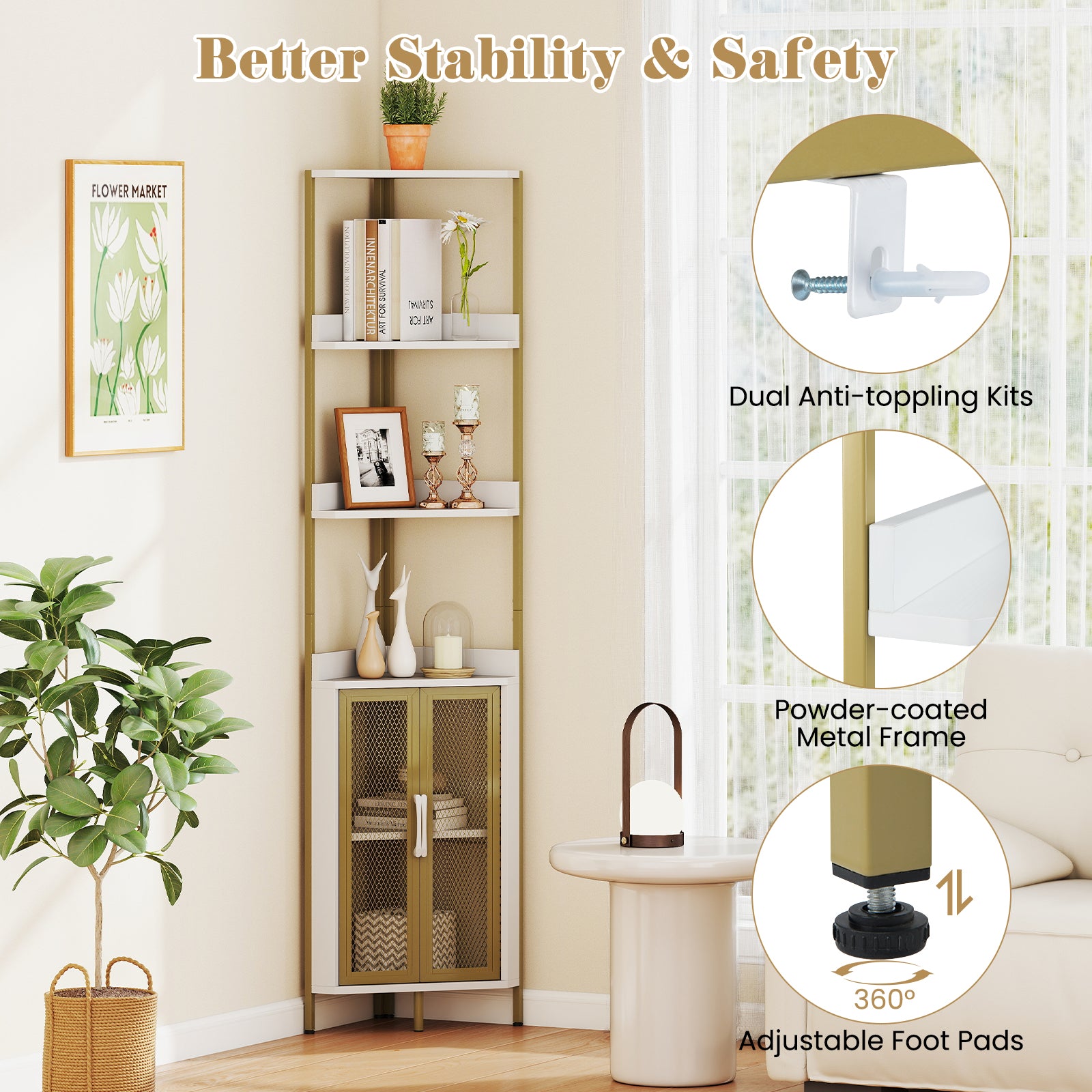 6-Tier Corner Shelf 67 Inches Tall, Industrial Bookcase Cabinet, White Bookcases at Gallery Canada
