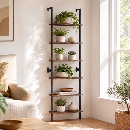6-Tier Ladder Bookshelf, Metal Frame, Rustic Brown