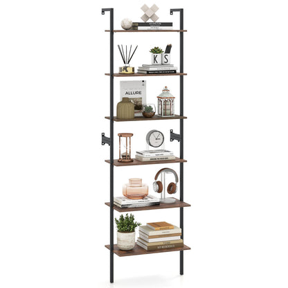 6-Tier Ladder Bookshelf, Metal Frame, Rustic Brown
