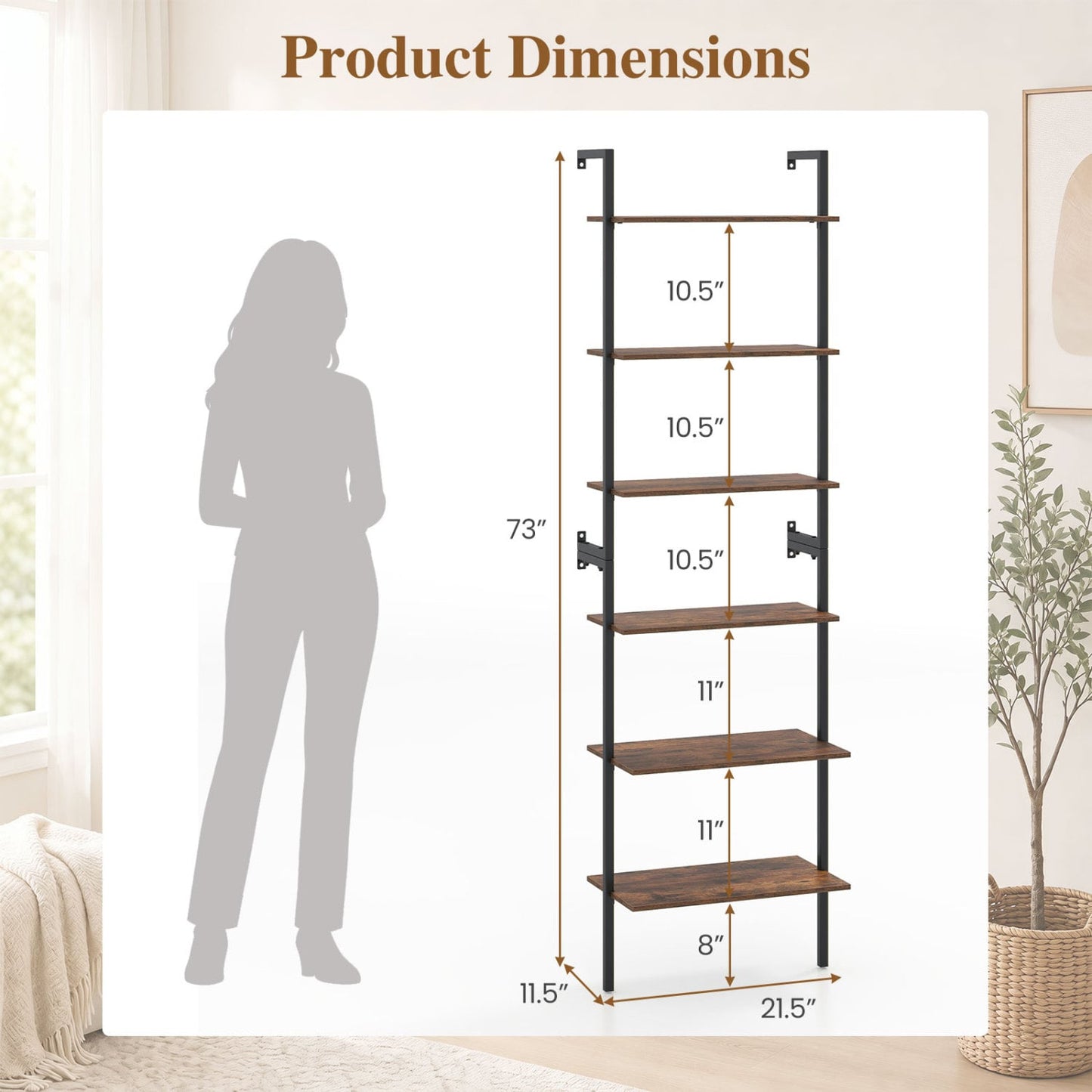 6-Tier Ladder Bookshelf, Metal Frame, Rustic Brown