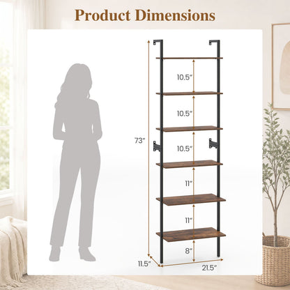 6-Tier Ladder Bookshelf, Metal Frame, Rustic Brown