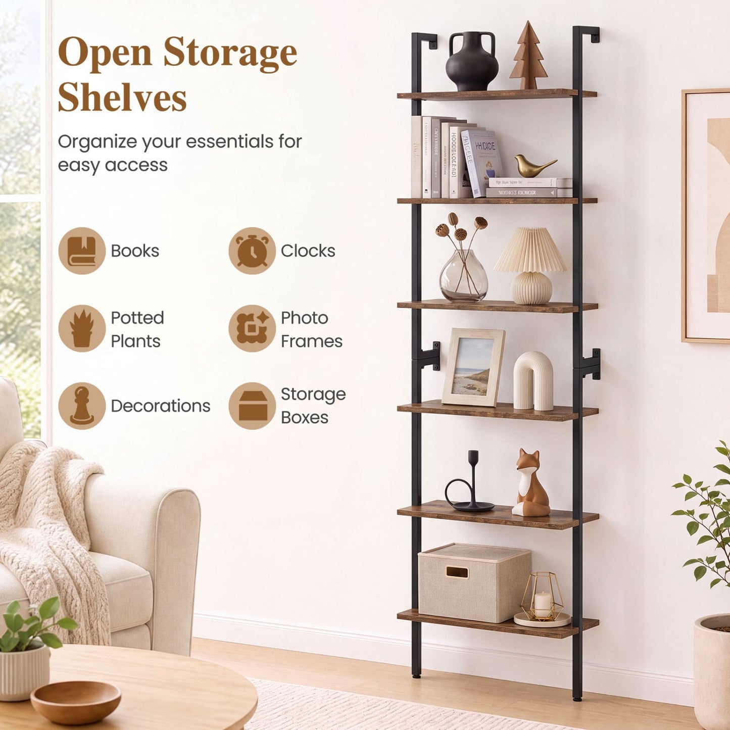 6-Tier Ladder Bookshelf, Metal Frame, Rustic Brown