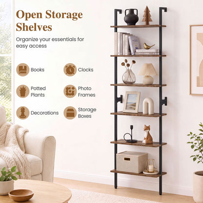6-Tier Ladder Bookshelf, Metal Frame, Rustic Brown