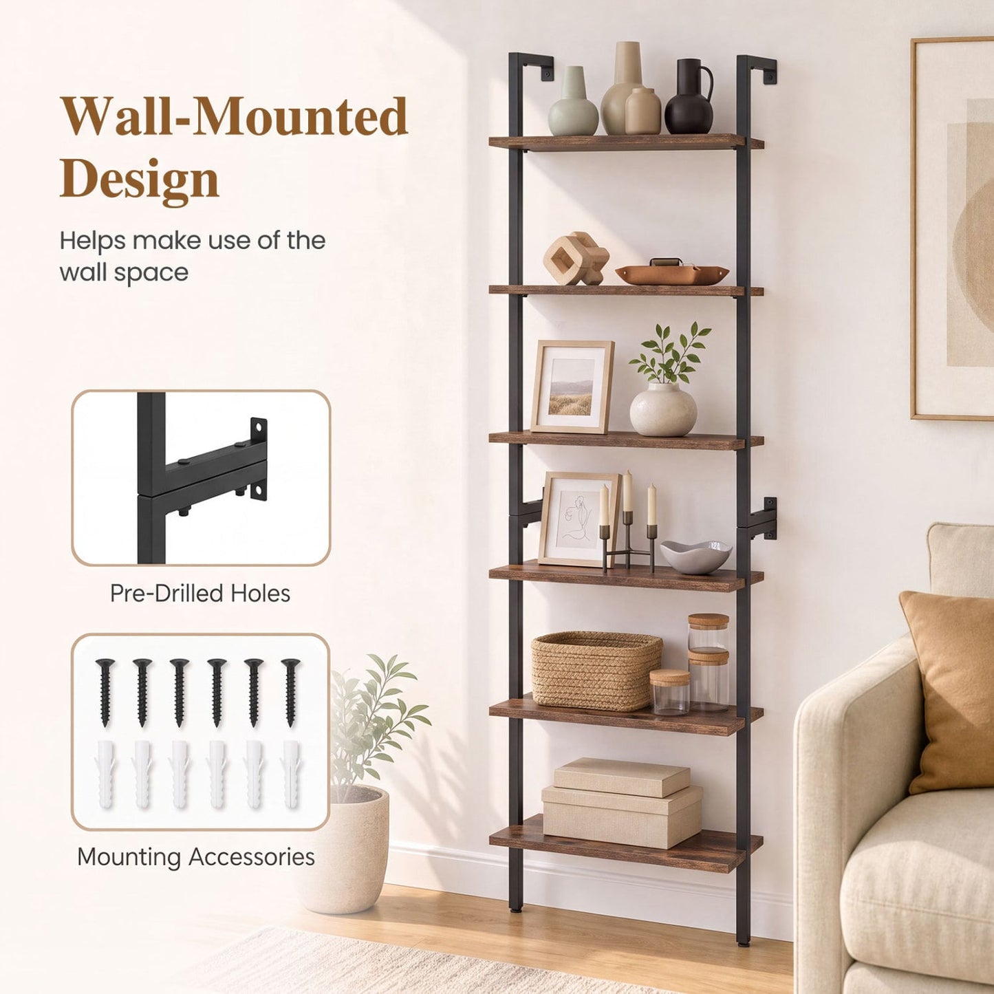 6-Tier Ladder Bookshelf, Metal Frame, Rustic Brown