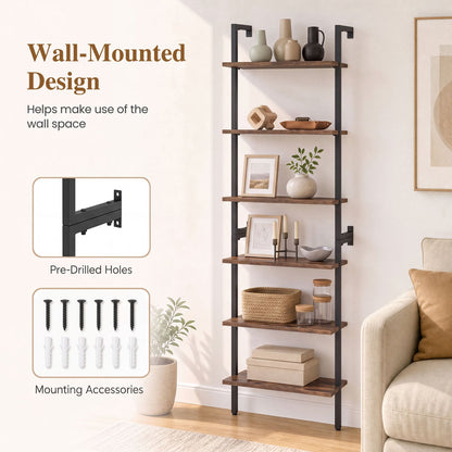 6-Tier Ladder Bookshelf, Metal Frame, Rustic Brown